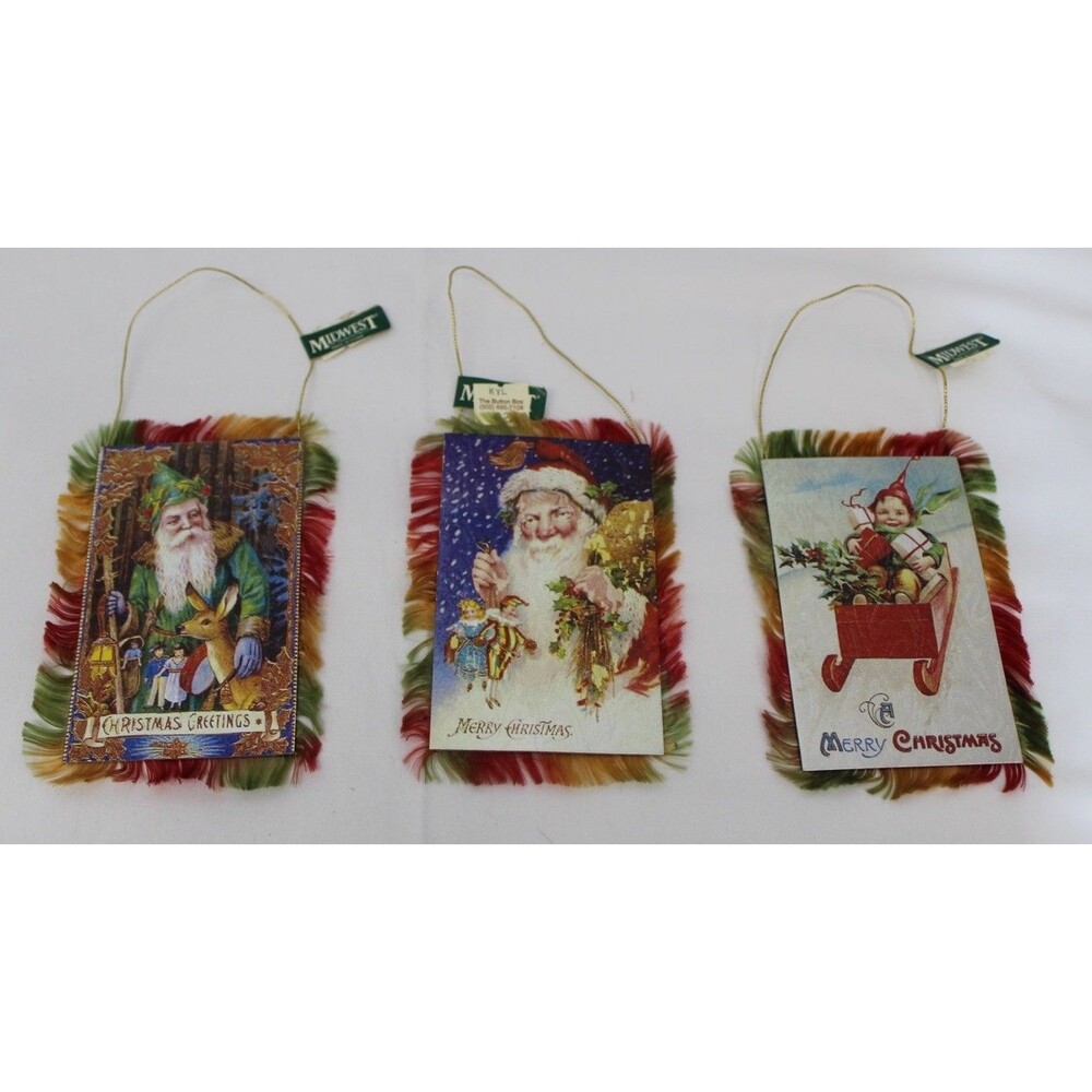Vtg-Style Midwest Postcard Santa Ornaments Set of 3 Fringe NWT ~6” Victorian